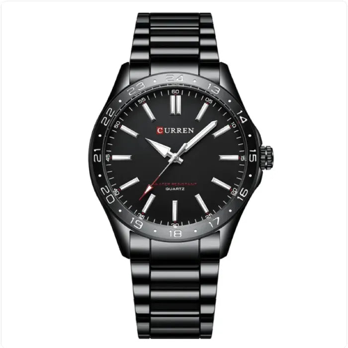 Black watch with black dial and quartz movement, offering a bold design with a matching metal bracelet.