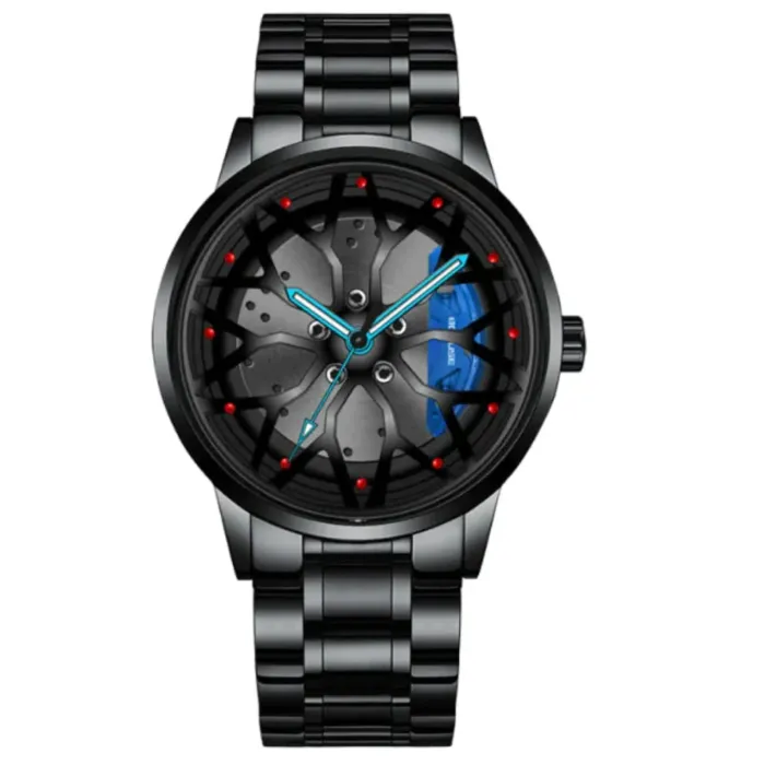 Stylish black watch with blue accents, rim-inspired dial design, red markers, and metal bracelet