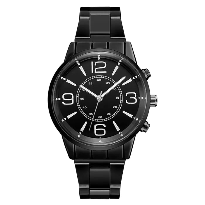 Black watch featuring a dark dial with prominent numerals and sleek design for a contemporary fashion statement