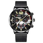 Stylish black watch with gold highlights and detailed face, perfect for formal occasions.