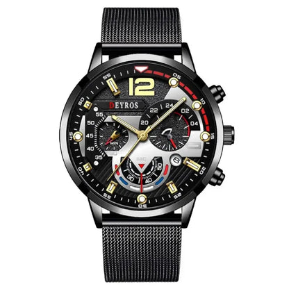 Stylish black watch with gold highlights and detailed face, perfect for formal occasions.