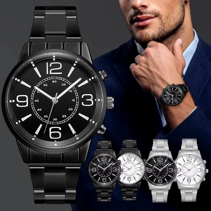 Luxury black chronograph watch with bold numerals shown on model wearing navy suit for modern mens fashion accessories