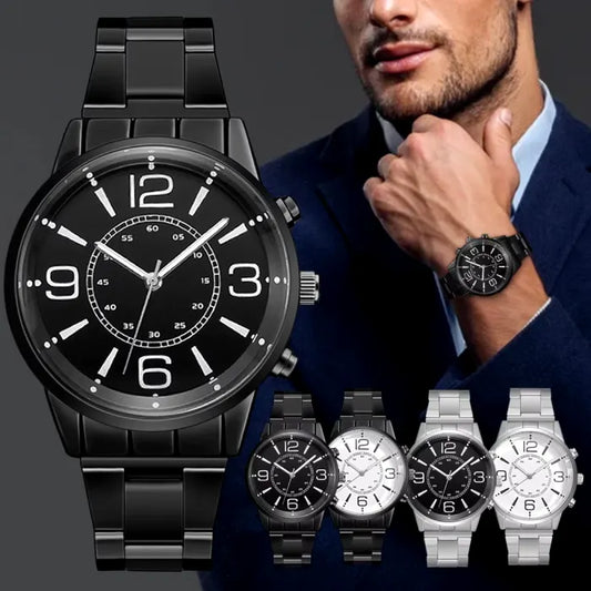 Luxury black chronograph watch with bold numerals shown on model wearing navy suit for modern mens fashion accessories