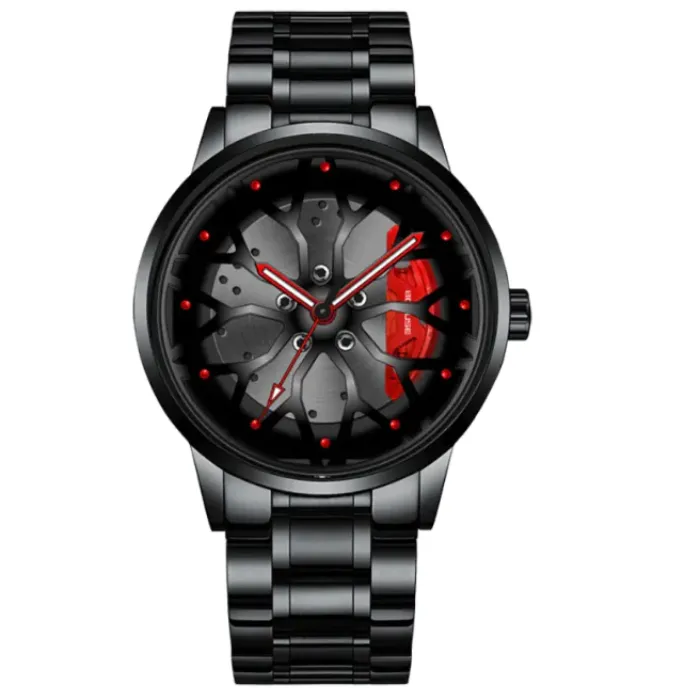 Stylish black watch with red accents, rim-inspired dial design, red markers, and metal bracelet