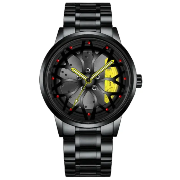 Stylish black watch with yellow accents, rim-inspired dial design, red markers, and metal bracelet