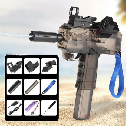 Black transparent water gun with blue wrist strap and accessory kit for outdoor water games.