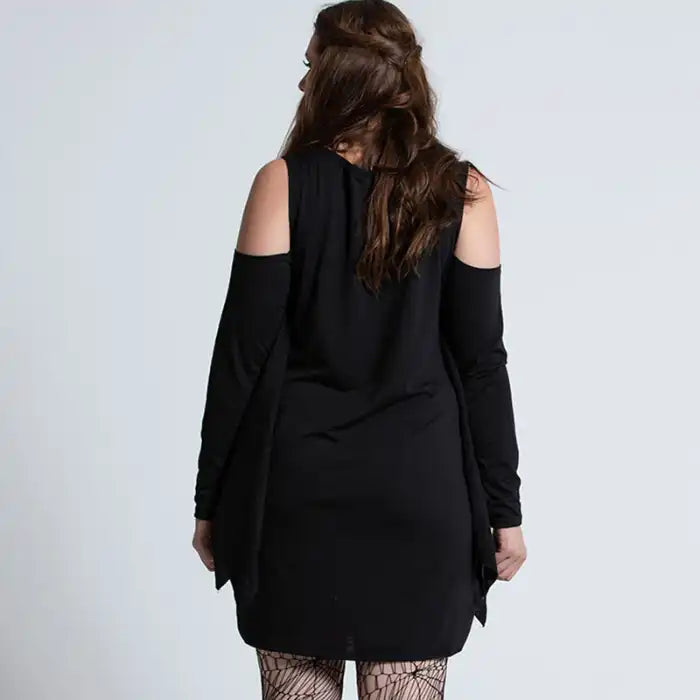 Back view of black widow spider costume showing solid black design with open shoulder cutouts.
