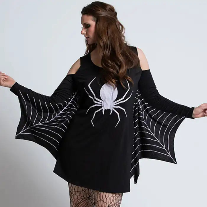 Black widow spider costume in curvy fit featuring white spider print and webbed batwing-style sleeves.