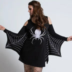 Black widow spider costume in curvy fit featuring white spider print and webbed batwing-style sleeves.