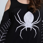 Close-up of black widow spider costume with bold white spider graphic and webbed sleeve design.