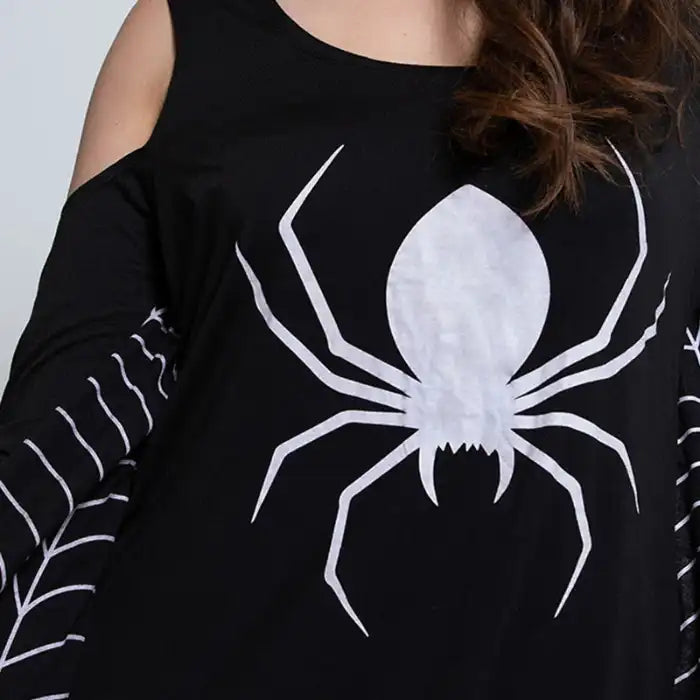 Close-up of black widow spider costume with bold white spider graphic and webbed sleeve design.