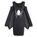Black widow spider costume dress with white spider and web cape sleeves in solid black design.