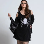 Front look of black widow spider costume with bold spider graphic and mesh-style printed wings.