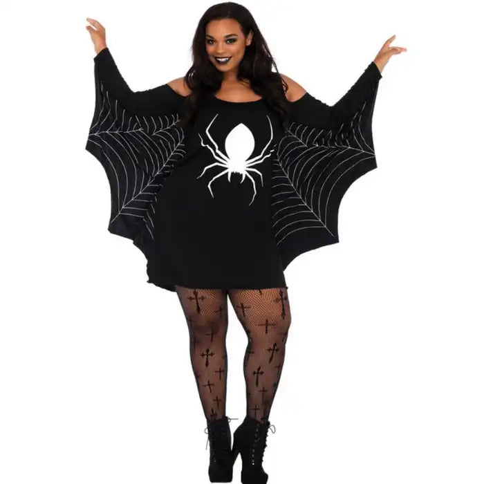 Black widow spider plus size costume with webbed sleeves, white spider print, and cutout shoulders.