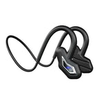 Black bone conduction headphones on blue circular platform with clock markings, showcasing wireless design