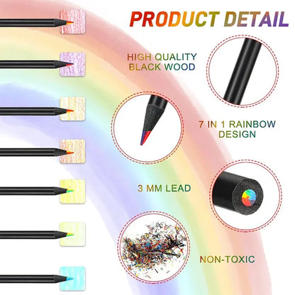 Product details of black wood pencils with 7-in-1 rainbow design and non-toxic lead.