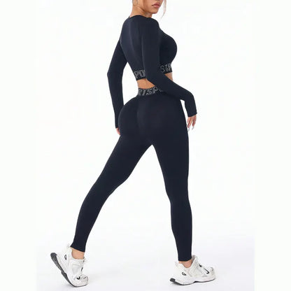 Stretchy black athletic set featuring side profile view, highlighting fitted design and comfortable workout wear for fitness enthusiasts