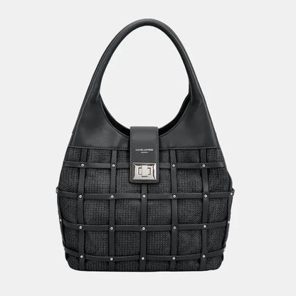 Elegant black leather handbag with woven pattern, silver studs, and metal clasp. Sophisticated design for evening events.