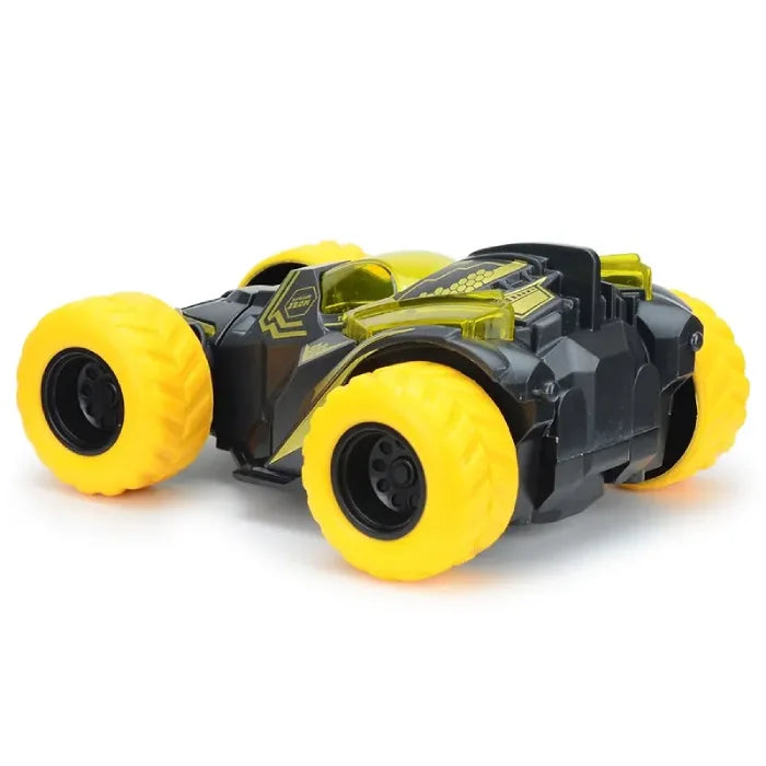 Black and yellow compact stunt car showing the rear view with oversized yellow tires.