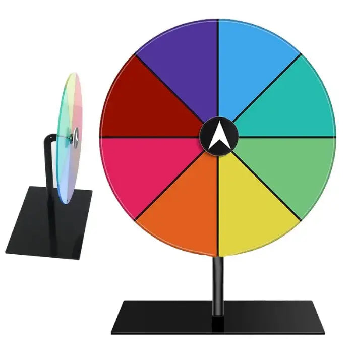 Blank colorful spin wheel on a sturdy base, ideal for customizable party and event games.