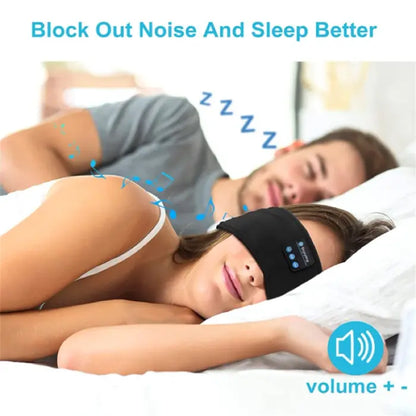 Woman using Bluetooth headband to block noise and sleep better with calming music.