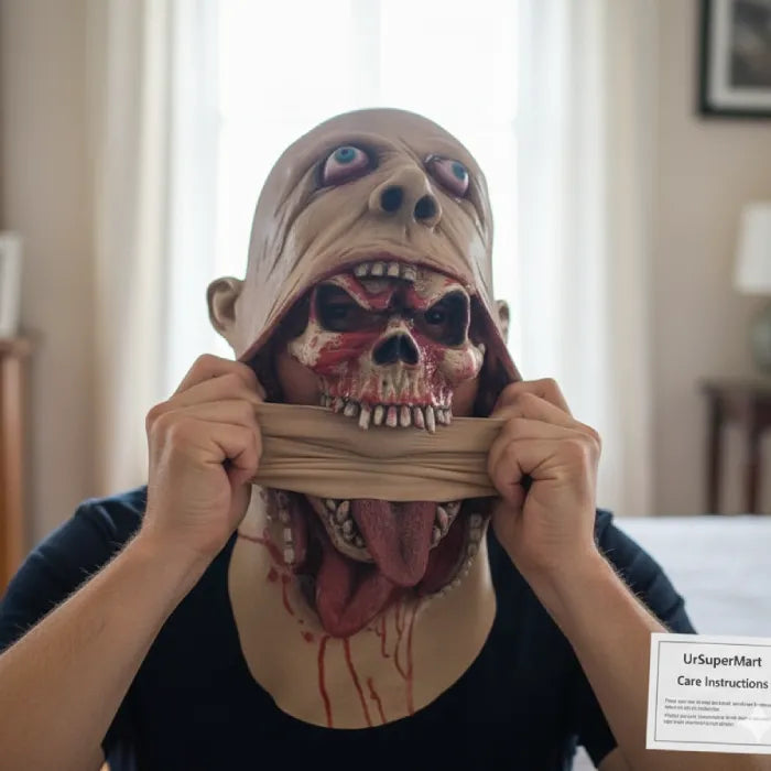 Person wearing a horror-themed mask with a blurred background