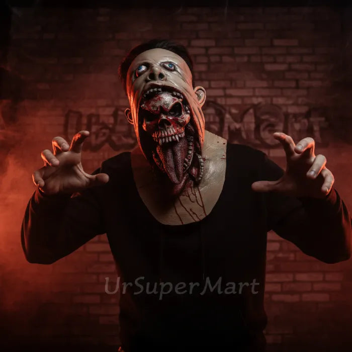 Person wearing a horror-themed mask with a dark, eerie background