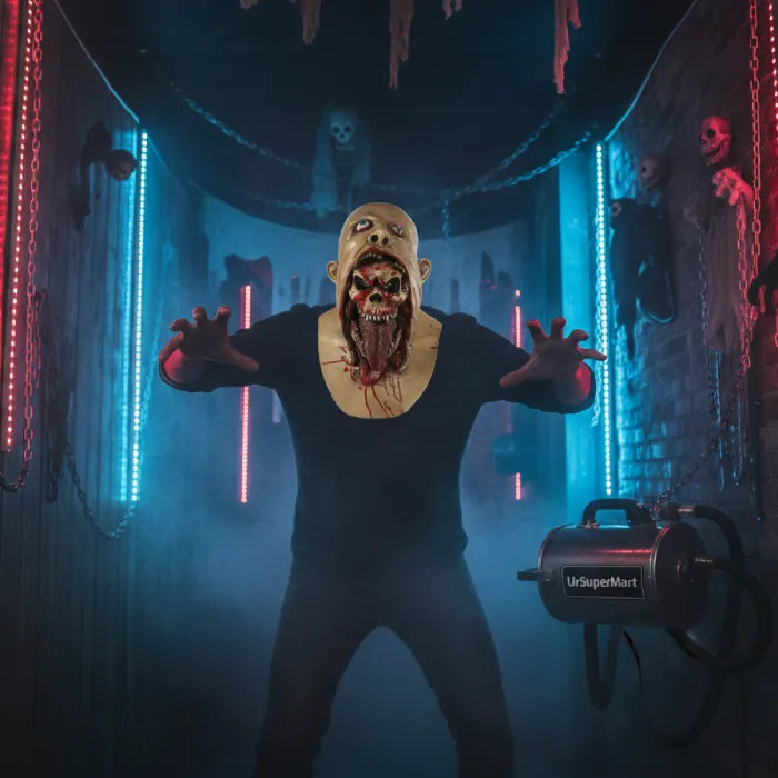 Professional haunted house actor wearing bloody skull mask in atmospheric horror attraction setting