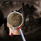 Bloody weapon headband Halloween costume with arrow prop piercing head.