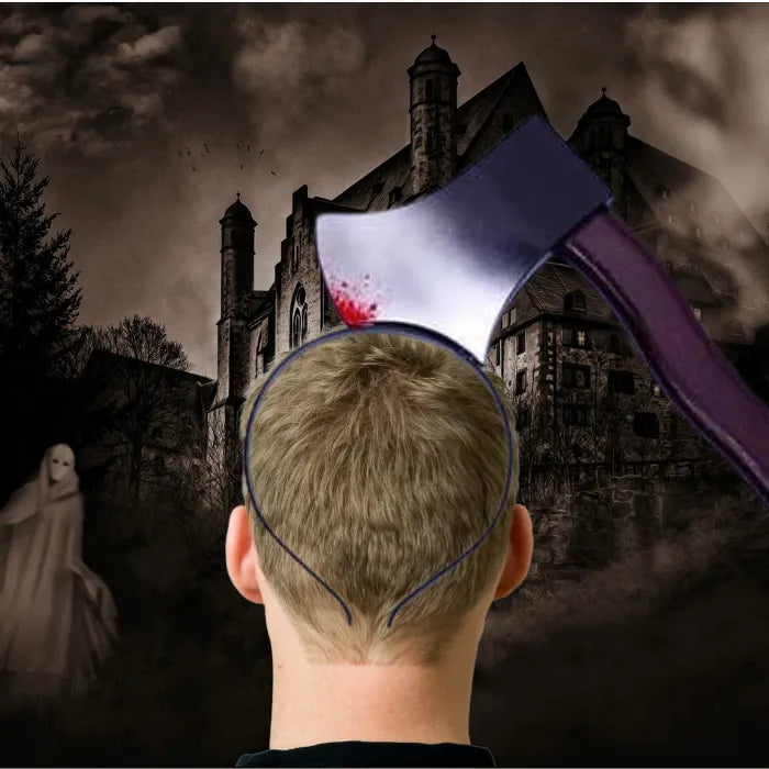 Bloody weapon headband Halloween costume with axe prop through head.