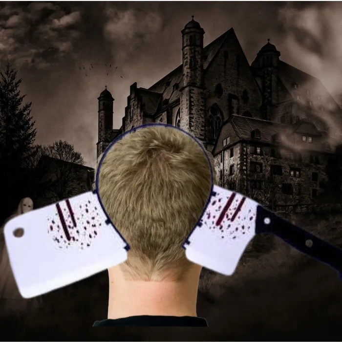 Bloody weapon headband Halloween costume with meat cleaver prop through head.