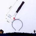 Bloody weapon headband Halloween costume with hammer prop and size measurement.