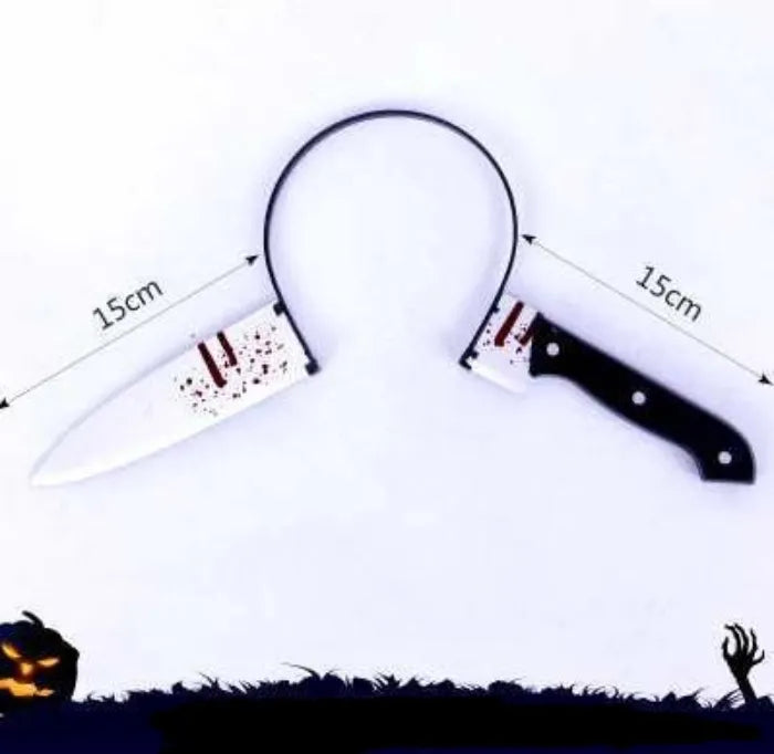 Bloody weapon headband Halloween costume with knife prop and measurement guide.