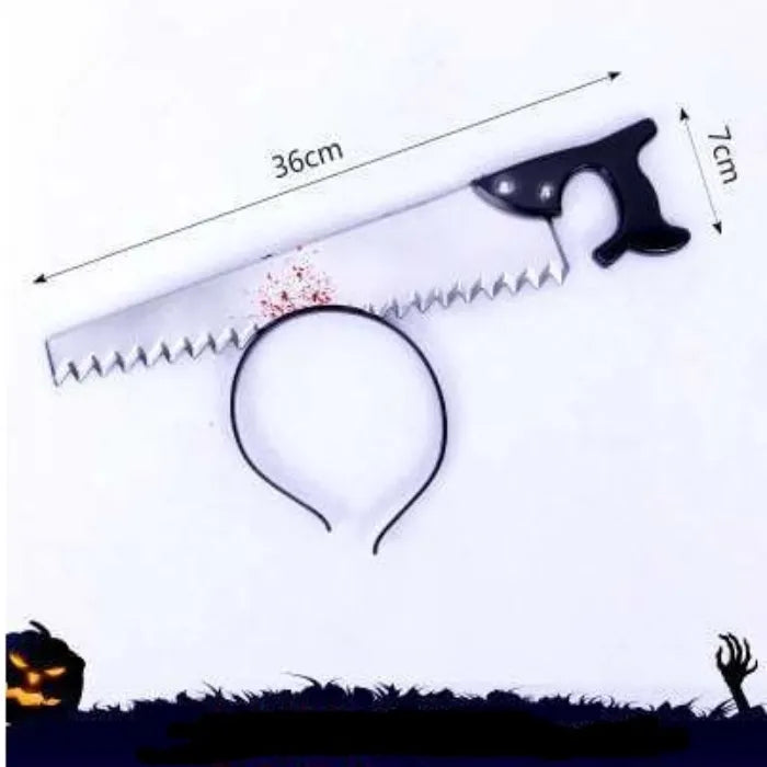 Bloody weapon headband Halloween costume with saw prop and size measurement.