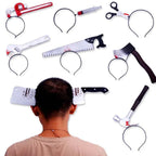 Set of bloody weapon headbands Halloween costumes including axe, saw, wrench, and syringe props.