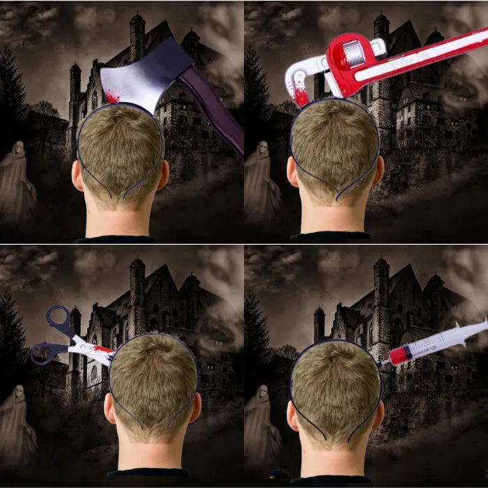 Set of bloody weapon headbands for Halloween costumes with syringe, axe, scissors, and wrench.