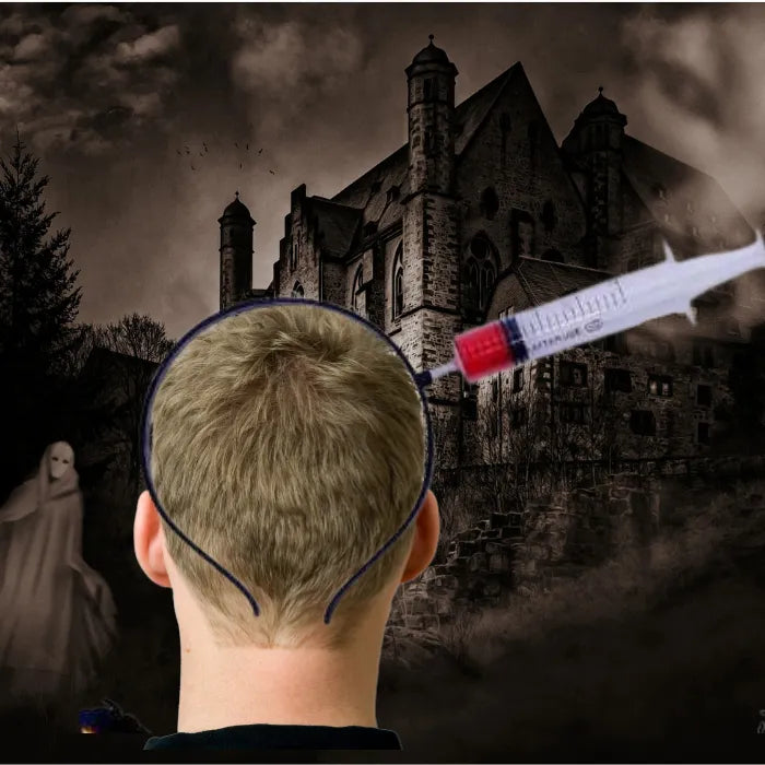 Bloody weapon headband Halloween costume featuring syringe prop through head.