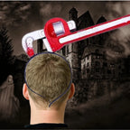 Bloody weapon headband Halloween costume with wrench prop through skull.