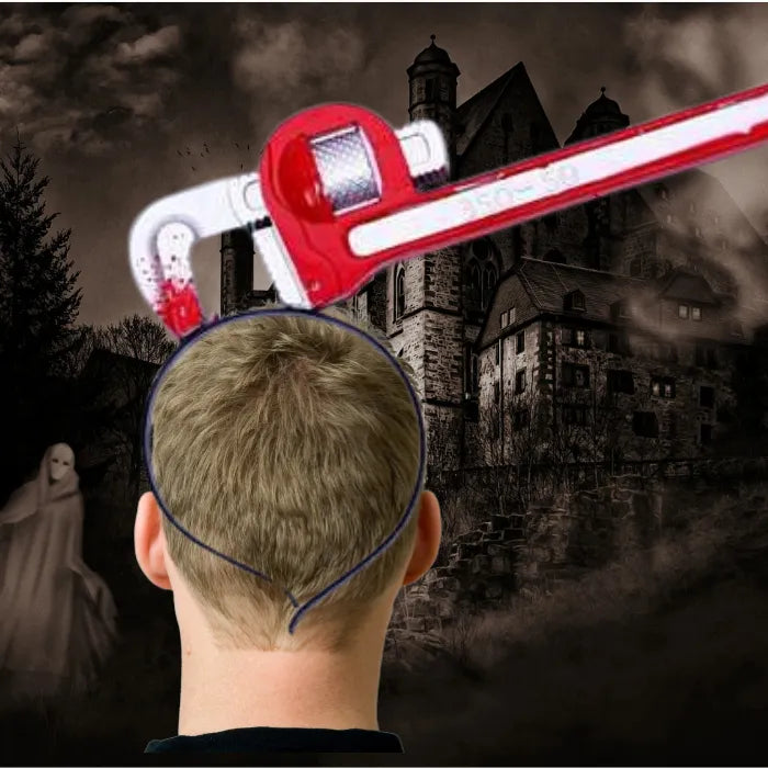 Bloody weapon headband Halloween costume with wrench prop through skull.