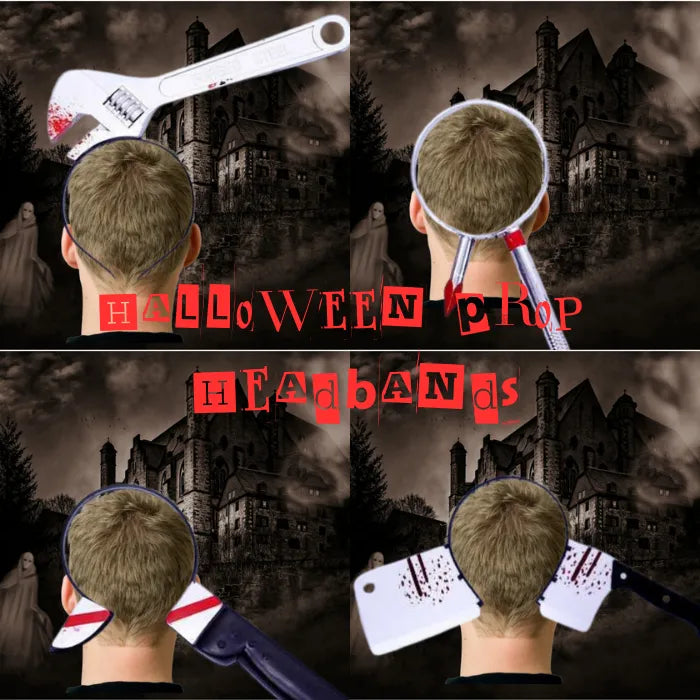 Collection of bloody weapon headbands Halloween costumes with knives, cleaver, and props