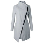 Blouse woolen coat in modern grey with an asymmetric zipper, sleek tailoring, and minimalist winter overcoat style for chic dressing