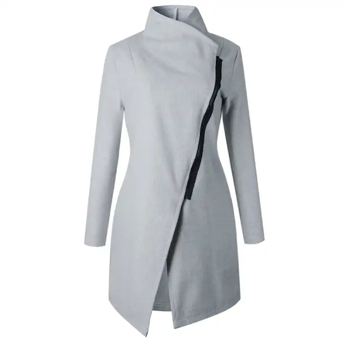 Blouse woolen coat in modern grey with an asymmetric zipper, sleek tailoring, and minimalist winter overcoat style for chic dressing