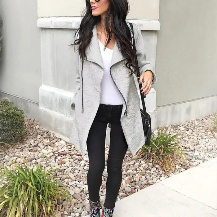 Blouse woolen coat shown in chic grey streetstyle outfit with asymmetric zip and winter coat detailing for a polished everyday look
