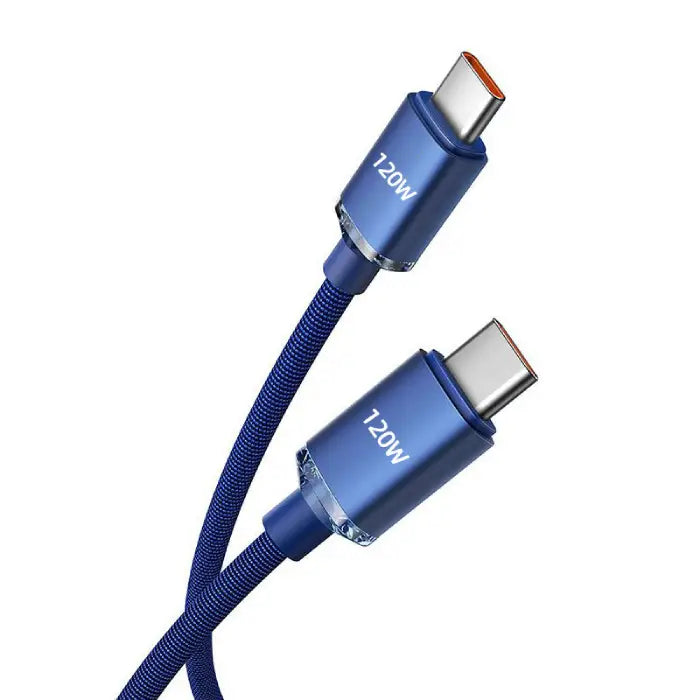 Blue 120W Type-C charging cable offering fast charging with a durable braided design for longevity.