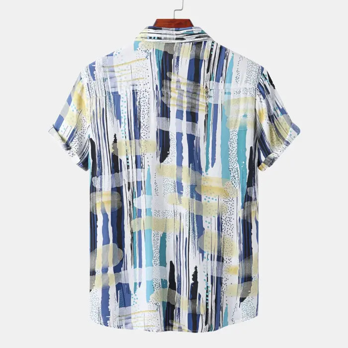 Blue abstract print shirt men back view showing unique brushstroke design and relaxed fit ideal for summer style
