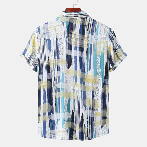 Blue abstract print shirt men back view showing unique brushstroke design and relaxed fit ideal for summer style