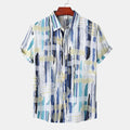 Blue abstract print shirt men front view with short sleeves and brushstroke pattern for casual summer outings