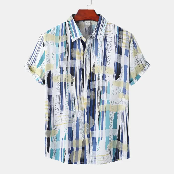 Blue abstract print shirt men front view with short sleeves and brushstroke pattern for casual summer outings