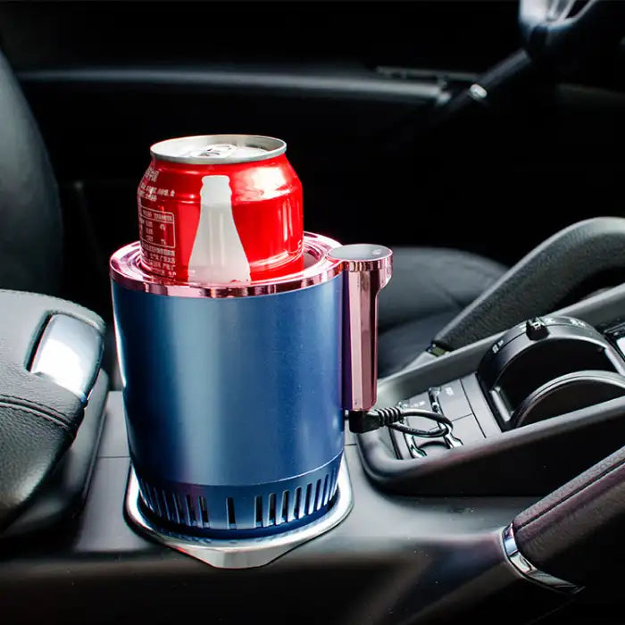 Car Heating Cooling Cup Holder in blue cooling red soda can inside a luxury vehicle center console.