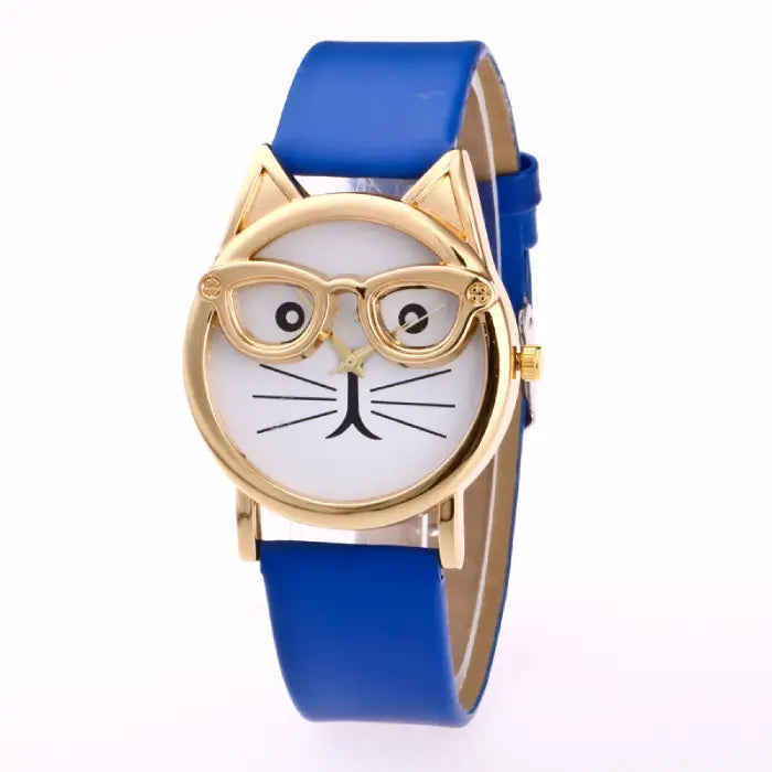 Blue strap wristwatch with cat-ear design, gold glasses detail, and a playful cat face on the white dial.